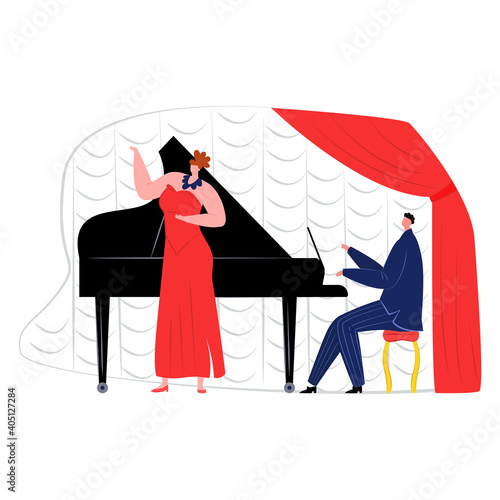 Professional woman songstress sing vocal music song hit, man sitting playing piano flat vector illustration, isolated on white. Musical classic performance, people duet together chant romance.