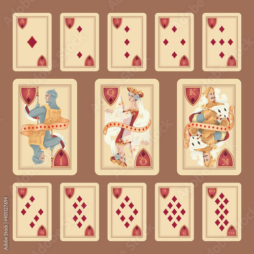 Classic cards of Diamonds suit on a grey background. Original design.
