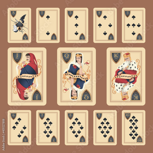 Classic cards of Spades suit on a green background. Original design.