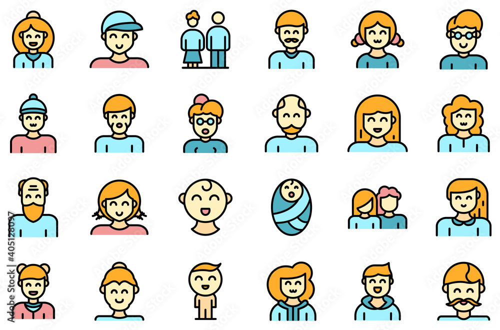 Generation icons set. Outline set of generation vector icons thin line color flat on white Generation icons set. Outline set of generation vector icons thin line color flat on white