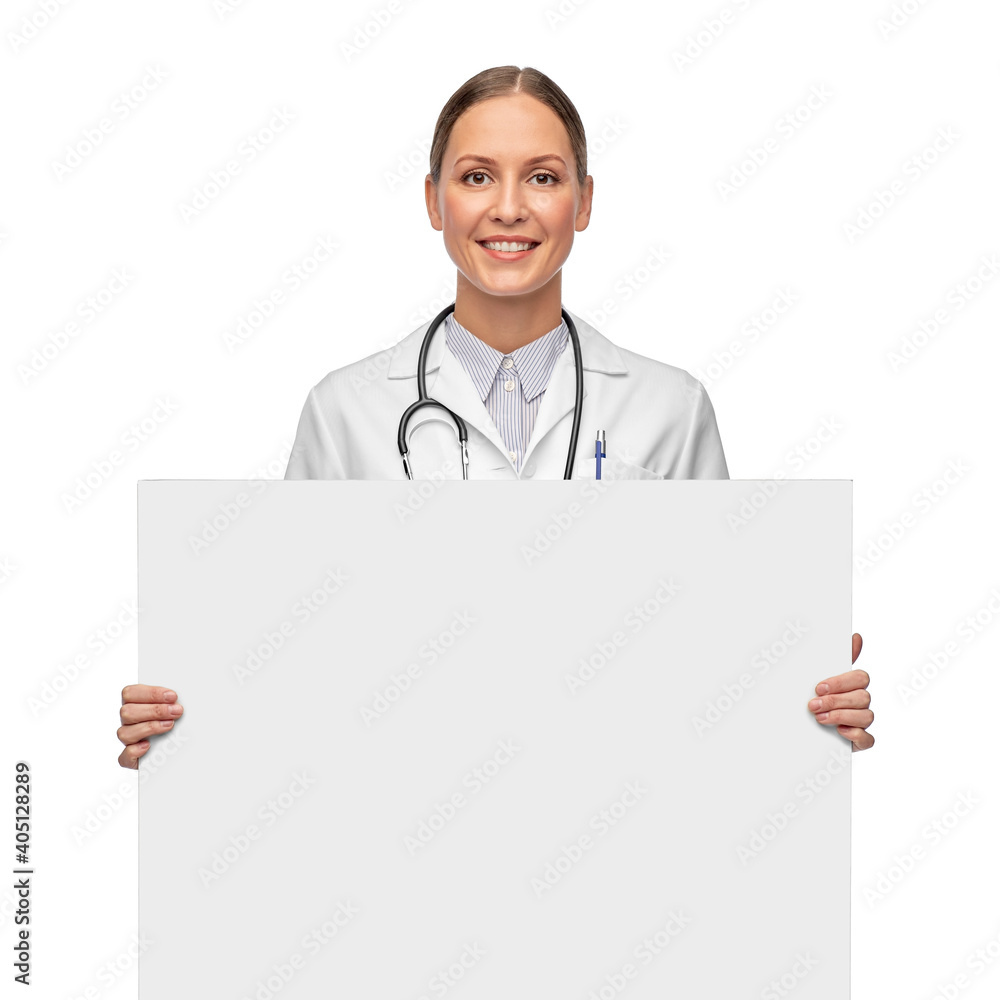 medicine, profession and healthcare concept - happy smiling female doctor holding white board medicine, profession and healthcare concept - happy smiling female doctor holding white board