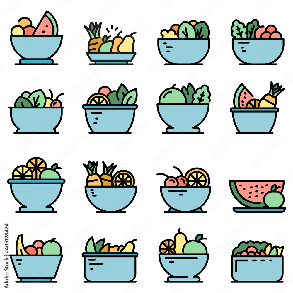 Fruit salad icons set. Outline set of fruit salad vector icons thin line color flat on white