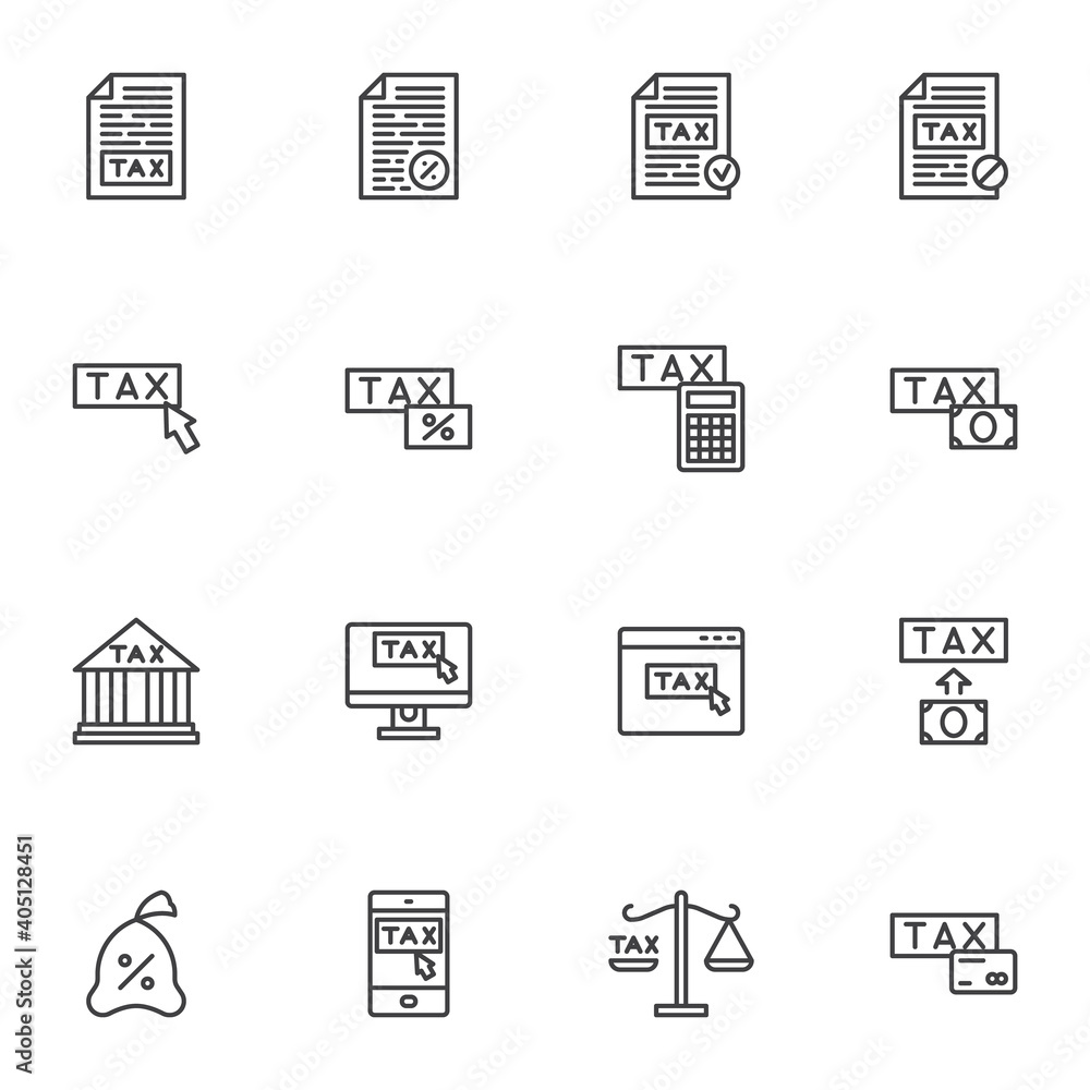 Tax related line icons set, outline vector symbol collection, linear style pictogram pack. Signs, logo illustration. Set includes icons as online tax management, financial accounting, banking document Tax related line icons set, outline vector symbol collection, linear style pictogram pack. Signs, logo illustration. Set includes icons as online tax management, financial accounting, banking document