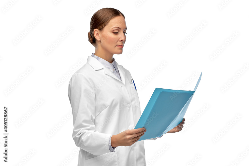medicine, science and healthcare concept - female doctor or scientist in white coat with folder medicine, science and healthcare concept - female doctor or scientist in white coat with folder