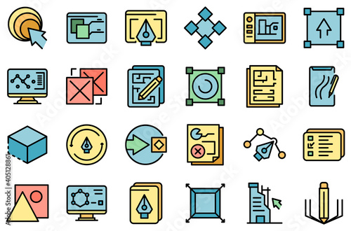 Redesign icons set. Outline set of redesign vector icons thin line color flat on white