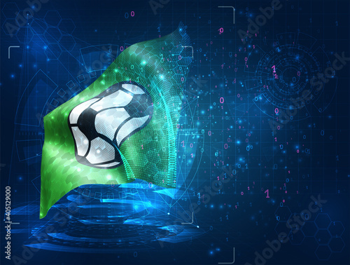 soccer ball., vector 3d flag on blue background with hud interfaces