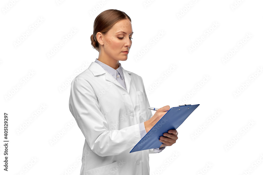 medicine, profession and healthcare concept - female doctor or scientist in white coat with clipboard and pen writing medical report medicine, profession and healthcare concept - female doctor or scientist in white coat with clipboard and pen writing medical report