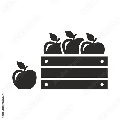Wooden crate box full of fresh apples. Fruit icon. Apples in a wooden box. Vector icon isolated on white background.