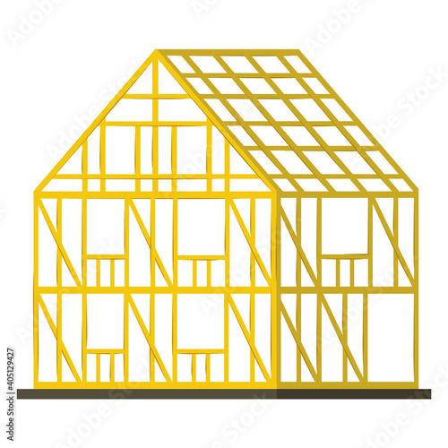 Concept wooden building frame, construction personal household edifice cartoon vector illustration, isolated on white. Architectural engineering cottage skeleton, one story premise icon.