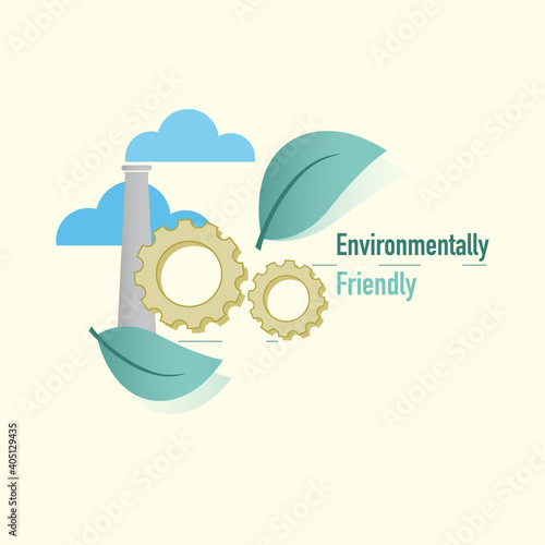 Gear wheels and industrial chimney harmonized with cloud and green leaves as a gimmick of environmentally friendly. Vector illustration outline flat design style.