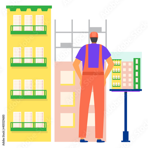 Professional building designer engineer standing watch construction site, new urban city view flat vector illustration, isolated on white. Concept blueprint housing estate, residential district.