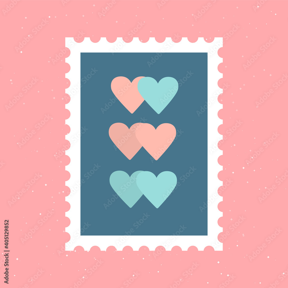 Сute and romantic hand drawn post stamp with Set of couples colorful hearts. Mail and post office conceptual drawing. Love and Valentines day concept. Designs for greeting cards, print, web.