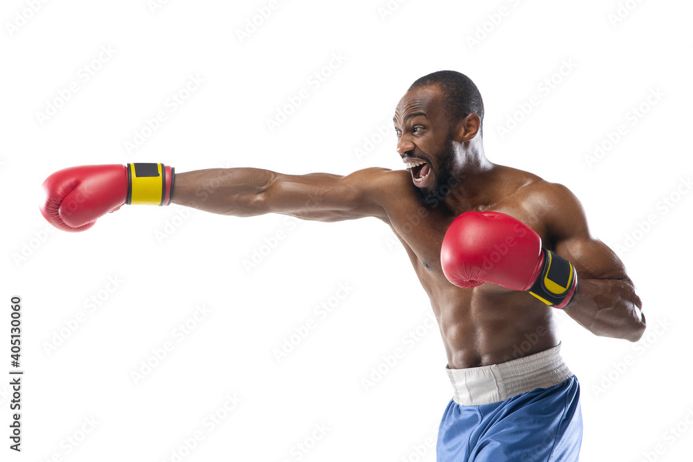 Speed. Funny, bright emotions of professional african-american boxer isolated on white studio background. Excitement in game, human emotions, facial expression and passion with sport concept.