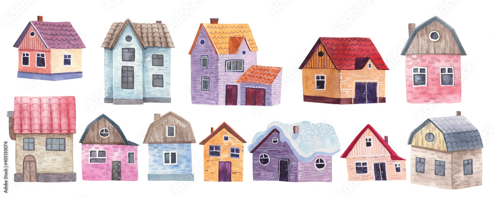 large set of cute decorative simple houses, childrens illustration in watercolor large set of cute decorative simple houses, childrens illustration in watercolor