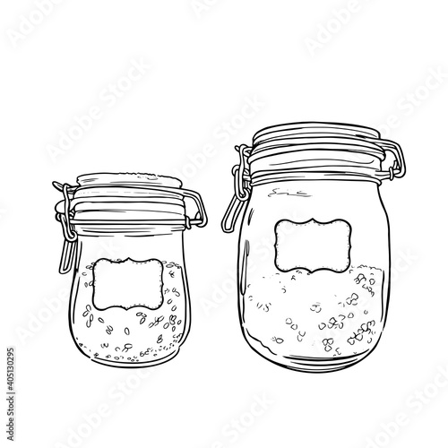 Glass jars for products with cereals, a container for food with marking, contour illustration. Vector linear hand drawn picture in sketch style on transparent, white background