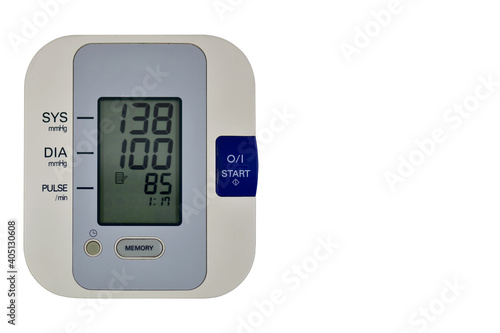 Digital blood pressure monitor. Upper Arm Blood Pressure Monitor at home, with high indicators of blood pressure, isolated on white background.