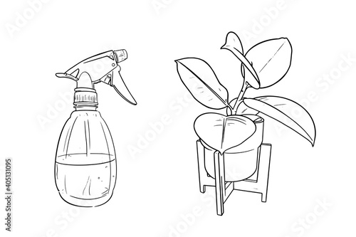 Spray gun and flowers ficus in a pot, contour illustration. Vector linear hand drawn picture in sketch style on transparent, white background