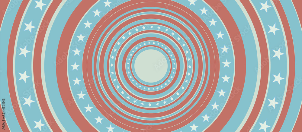 USA colors, stars and round stripes abstract retro banner design. Independence Day vector background