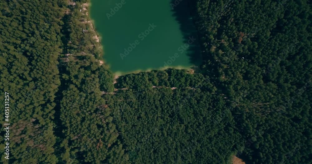 Video clip filmed with aerial drone camera on flight over green forest trees and lake in central Ukraine Video clip filmed with aerial drone camera on flight over green forest trees and lake in central Ukraine
