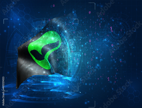 green alien from space vector 3d flag on blue background with hud interfaces