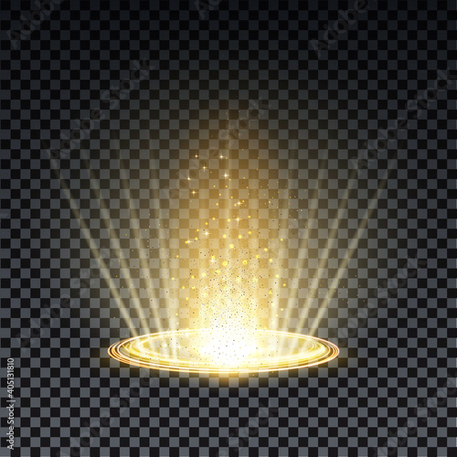 Gold hologram portal. Magic fantasy portal. Magic circle teleport podium with hologram effect. Vector gold glow rays with sparks on transparent background.