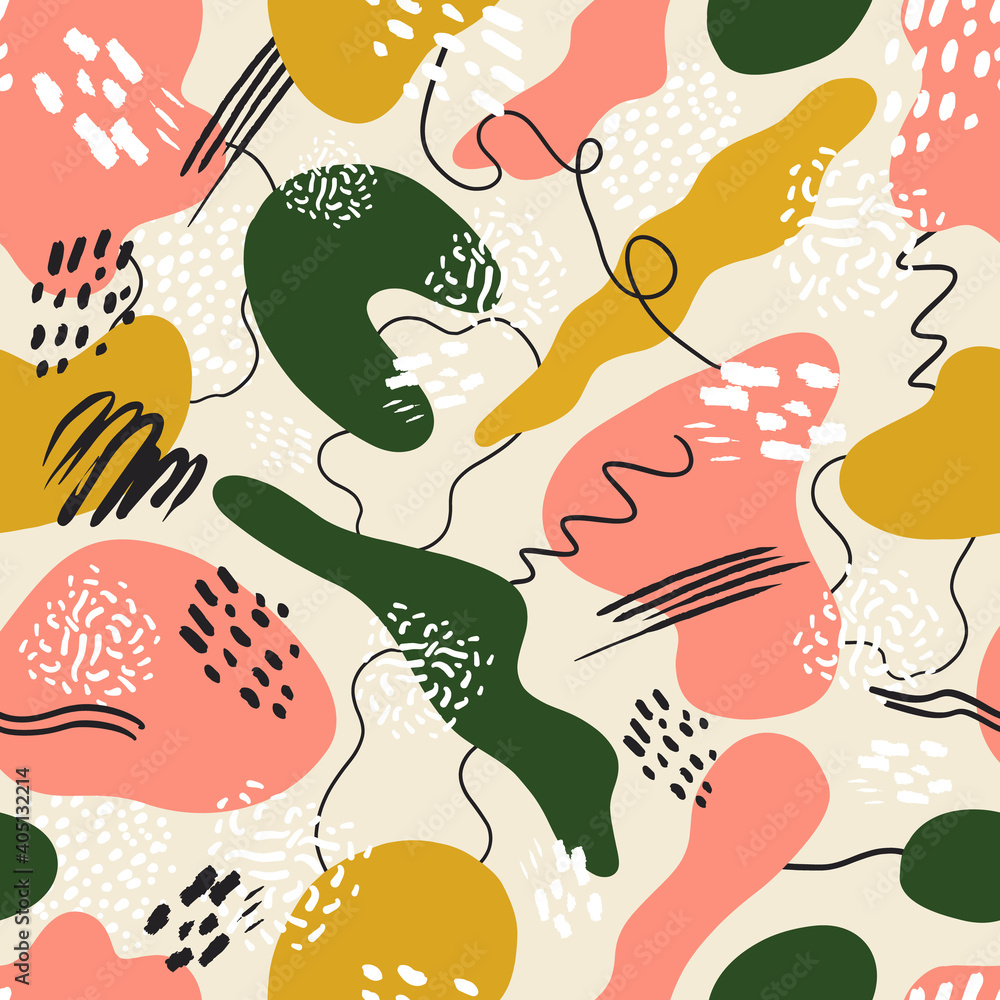 Fototapeta premium Abstract vector background with hand drawn textures, memphis style. Universal card, pastel colors. Retro design, fashion art.