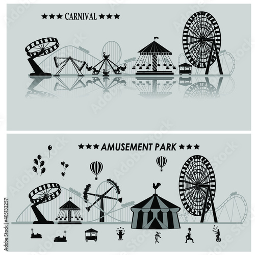 icons of different attractions in amusement park. Attraction icon for carnival and amusement park illustration