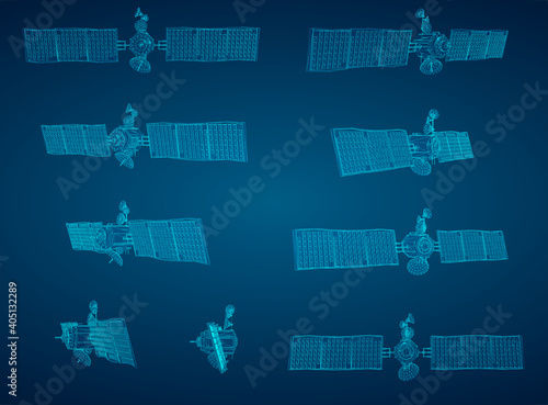 set of vector 3d communication and communication satellites on blue background