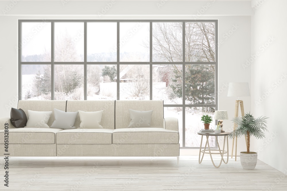 White living room with sofa and winter landscape in window. Scandinavian interior design. 3D illustration White living room with sofa and winter landscape in window. Scandinavian interior design. 3D illustration