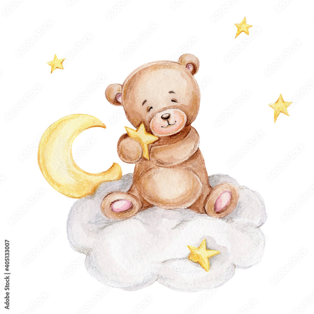 Cute teddy bear sitting on the cloud with stars; watercolor hand drawn ...