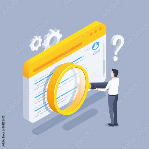 isometric vector illustration isolated on gray background, man with big magnifier standing at the browser window, search engine
