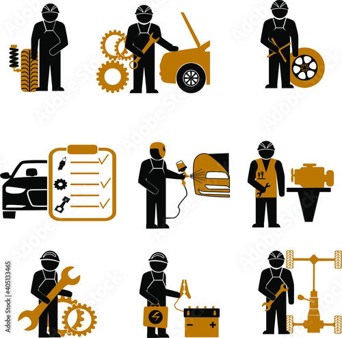 Car repair service icons vector set. Motor-car equipment illustration, motor vehicle, for automobile repairing. Mending restoration station work
