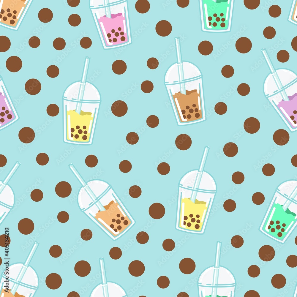 Bubble milk tea. A sweet cold drink with tapioca pearl balls. Asian street food from Taiwan. Assortment of different fruit flavors. Seamless background with pattern. Bubble milk tea. A sweet cold drink with tapioca pearl balls. Asian street food from Taiwan. Assortment of different fruit flavors. Seamless background with pattern.