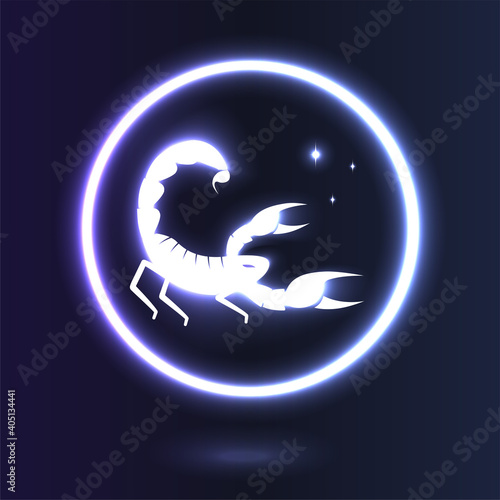 Neon cartoon zodiac sign Scorpio depicting arthropod animal. Illustration of an astrology sign Scorpion. Vector flat design web icon