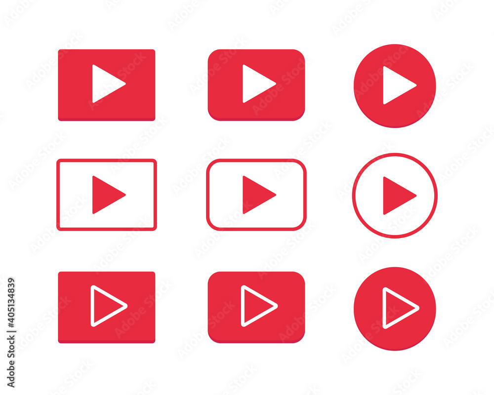 Red play buttons in different form. Media icons isolated on white. Video player interface. Red play buttons in different form. Media icons isolated on white. Video player interface.