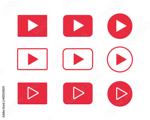 Fototapeta Naklejka Na Ścianę i Meble -  Red play buttons in different form. Media icons isolated on white. Video player interface.