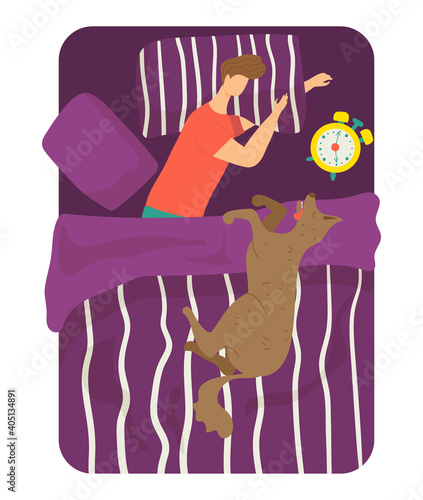 Relaxing man character sleeping with dog comfortable soft bed, young boy hold pillow flat vector illustration, isolated on white. Cozy personal resting room, alarm clock gadget early rise.