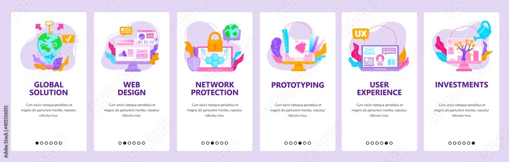 Global innovation investments, network protection, web design, ux. Mobile app screens, vector website banner template. - obrazy, fototapety, plakaty 