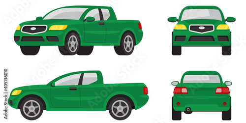 Pickup truck in different angles. Green automobile in cartoon style.