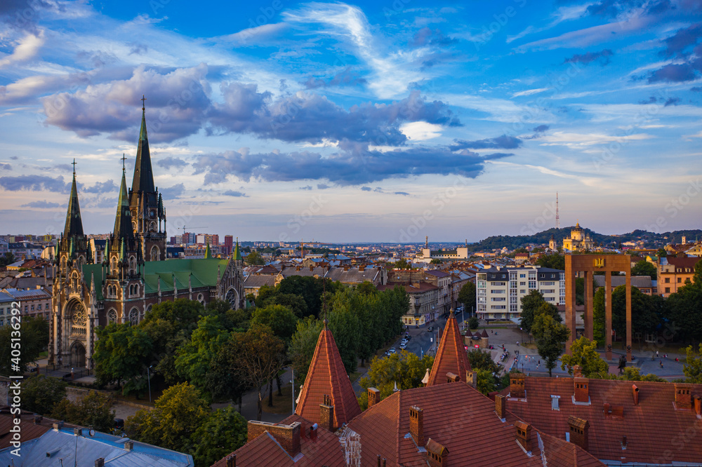 Obraz premium Aerial veiw on Elizabeth church in Lviv, Ukraine from drone.