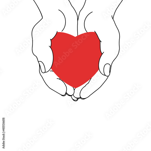 Heart in hands simple vector illustration. Holding a heart line black and red handdrawing on white background for banner, poster. like happy valentines day, flat style trend modern graphic eps 10