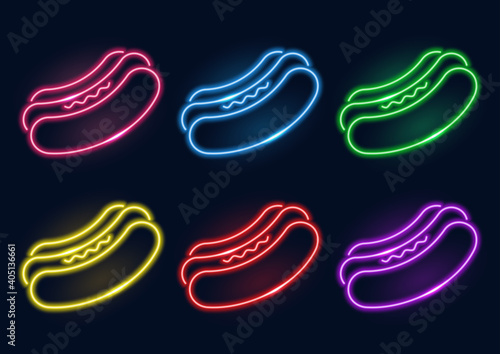 Neon sign. Set of hot dogs in neon style. Laser glowing lines on a dark background.