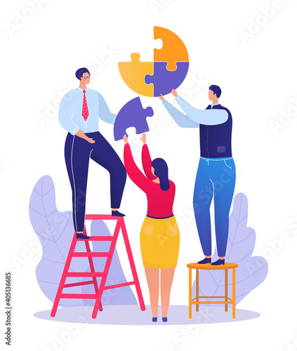 Business teamwork job, businessman standing ladder hold puzzle detail, businesswoman help firm flat vector illustration, isolated on white. Company colleague group employee clerk harmonious work.