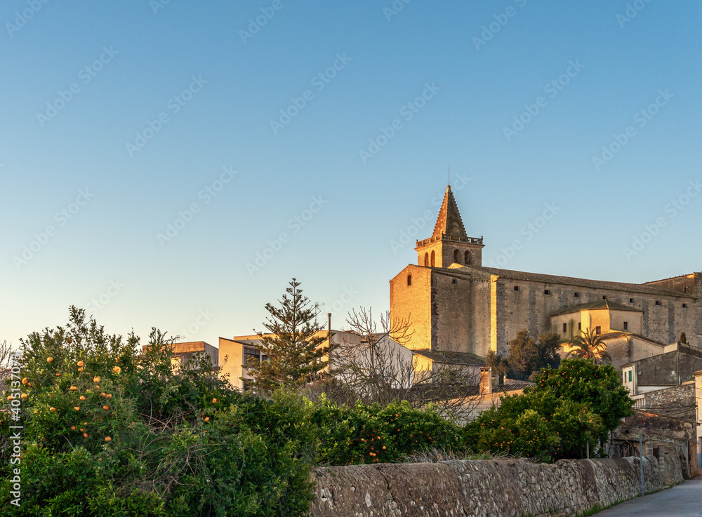 General view of the Catholic Church in the town of Porreres at dawn