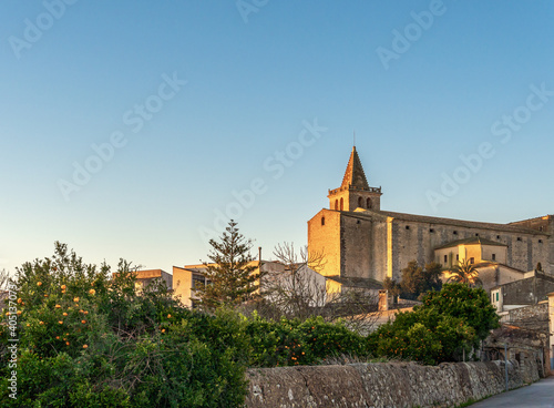 General view of the Catholic Church in the town of Porreres at dawn