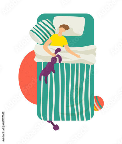 Relaxing man character sleeping comfortable soft bed, young teenager hold rabbit toy flat vector illustration, isolated on white. Cozy personal kid room, adolescent rest apartment orthopedic mattress.