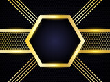 Golden hexagonal background design. Modern futuristic luxury backdrop. Modern luxurious carbon fiber background with golden glowing shapes, various elements, stripes and highlights on a carbon grid.