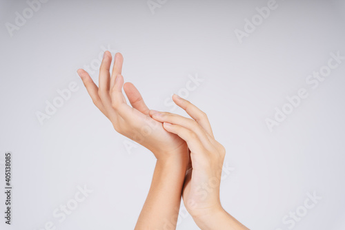 Woman hands scrubbing isolate over white background.