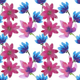 Seamless square pattern of pink and blue flowers on a white background. The illustration is drawn in watercolor by hand.
