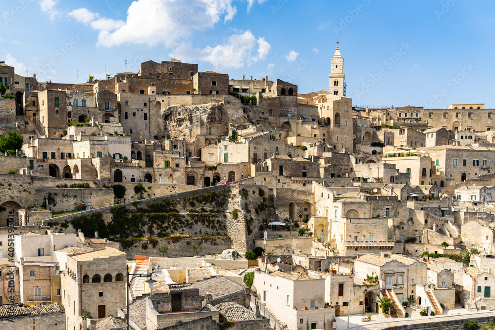 Panoramic view of the historic district of Sasso Caveoso in Matera, UNESCO World Heritage Site, Basilicata, Italy